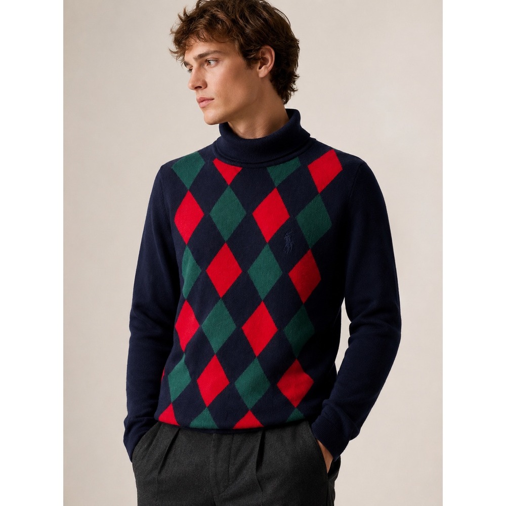 Burberrys of London Vintage Argyle Turtleneck Sweater Navy Wool Mens 42